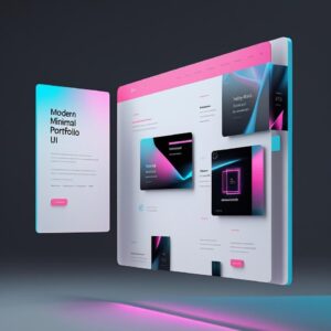 _Modern minimal portfolio website UI, neon accents, clean layout, floating project cards, sleek typography, futuristic style, 4K digital mockup._